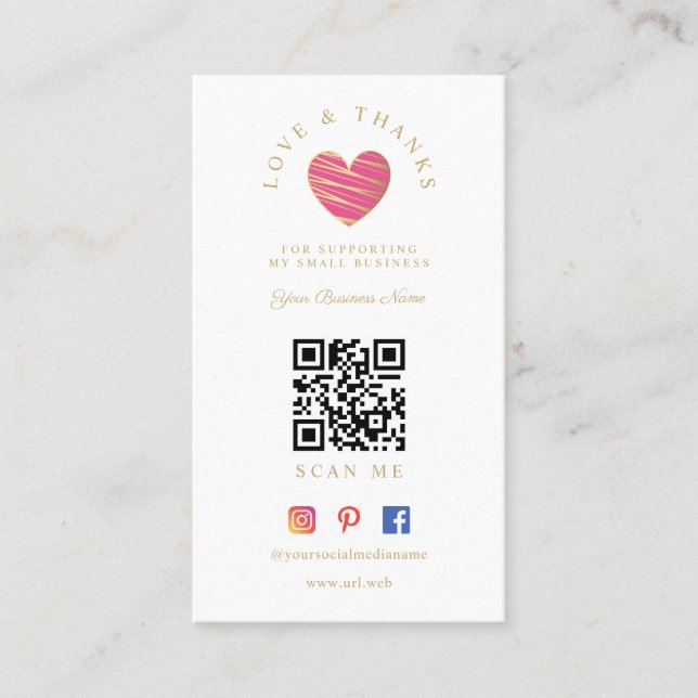 Tarjeta De Visita QR Hot Pink Heart Love & Thanks Supporting (Anverso)