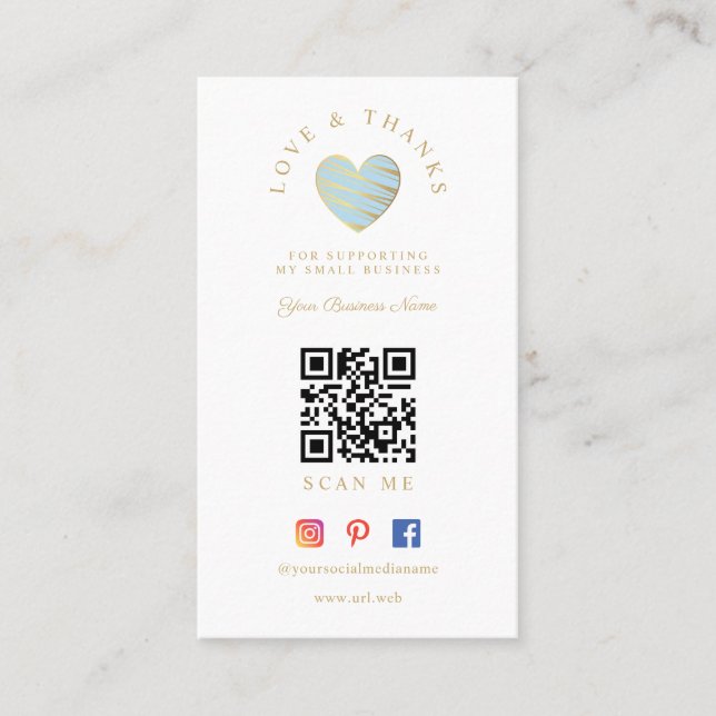 Tarjeta De Visita QR Light Blue Heart Love & Thanks Supporting (Anverso)