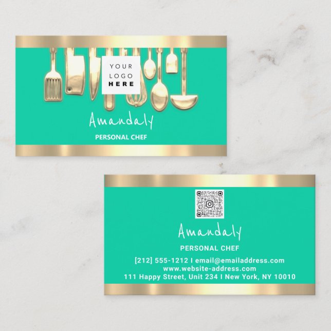 Tarjeta De Visita QR Logo Personal Chef Cocinando carne de restauran (Anverso / Reverso)