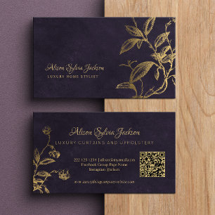 Tarjeta De Visita QR Lujo púrpura elegante follaje de pan de oro fal