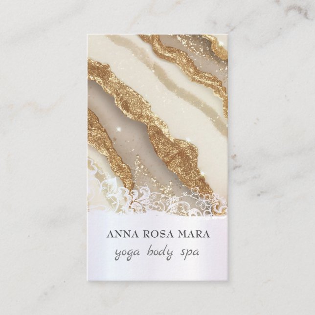 Tarjeta De Visita *~* QR Luxe Agate Purpurina de Oro Blanco Marfil A (Anverso)