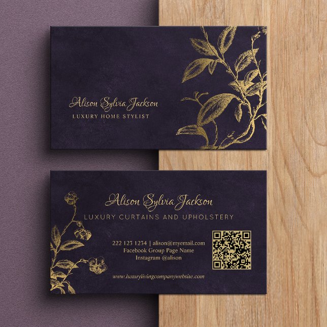 Tarjeta De Visita QR Luxury purple elegant faux gold foil foliage (Subido por el creador)