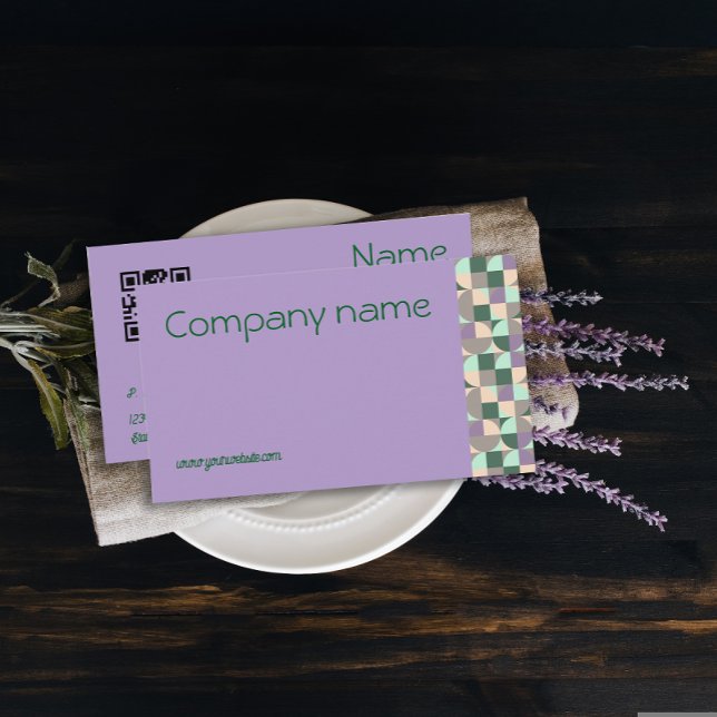 Tarjeta de visita QR para lavanda azul turquesa en (Triangle green turquoise lavender QR Business Card.)