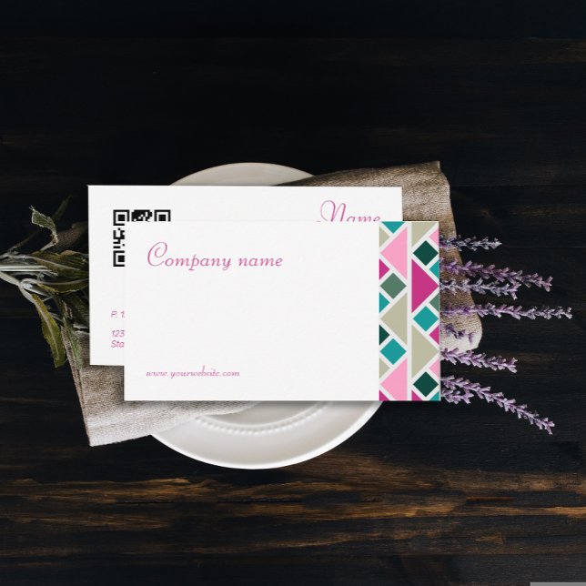 Tarjeta de visita QR para Triangle turquoise fuchs (Modern minimalist abstract geometric business card  with fuchsia and turquoise color scheme.)