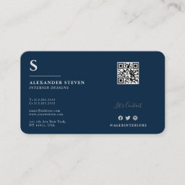 Tarjeta De Visita QR Planin Navy Blue Monogramado Profesional