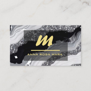 Tarjeta De Visita *~* QR Purpurina de oro blanco negro Monograma AP6