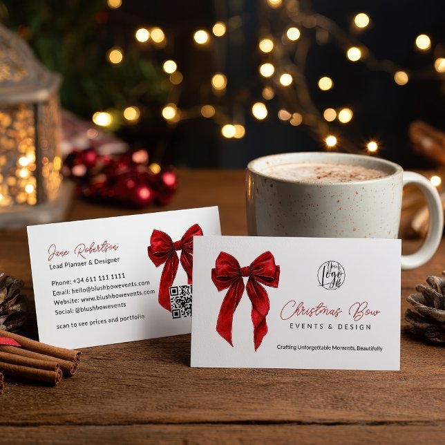 Tarjeta De Visita QR Red Coquette Bow Elegant Events Design  (QR Red Coquette Bow Elegant Events Design Business Card)