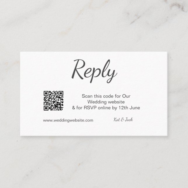 Tarjeta De Visita QR RSVP sitio web de boda RSVP simple blanco negro (Anverso)