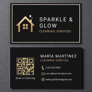Tarjeta De Visita QR Servicios de limpieza de código Black Gold Mini