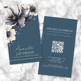 Tarjeta De Visita QR vertical código Floral azul elegancia profesion