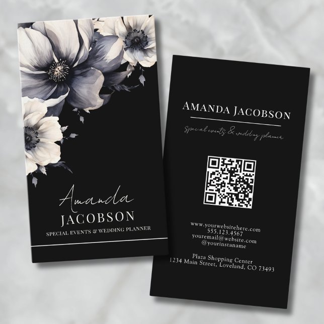 Tarjeta De Visita QR vertical Código floral negro profesional elegan (Vertical QR Code Black Floral Elegant Professional Business Card)