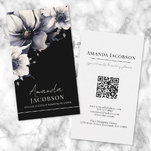 Tarjeta De Visita QR vertical Código floral negro profesional elegan