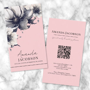 Tarjeta De Visita QR vertical Rubor color rosa floral elegante profe