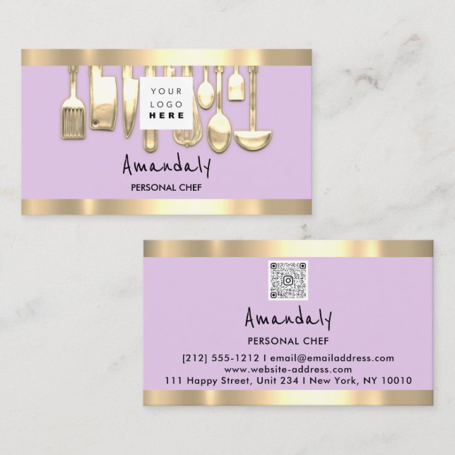 Tarjeta De Visita QRCode Personal Chef Cocinar Restaurante Lilac (Anverso / Reverso)