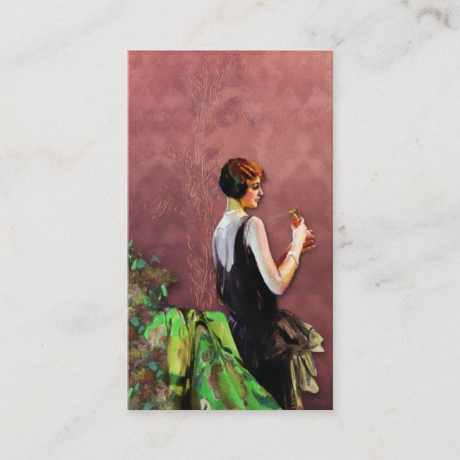 Tarjeta De Visita Qualida, moda de los años 20 en verde y subió (Anverso)