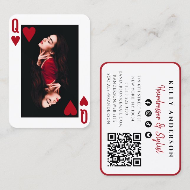Tarjeta De Visita Queen of Hearts Photo QR Code Social Hairdresser (Anverso / Reverso)