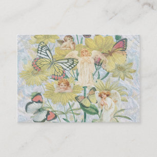 Tarjeta De Visita Querubes, mariposas y flores en amarillo