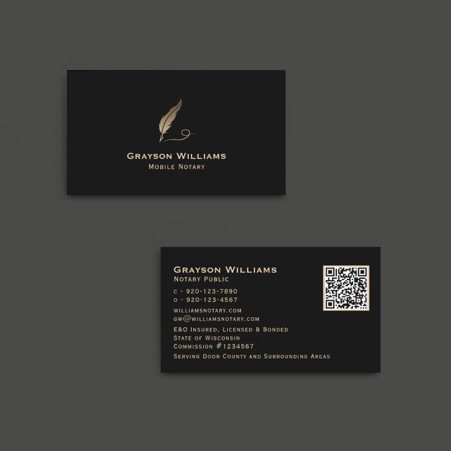 Tarjeta De Visita Quill Mobile Notary Black Gold QR Code (Subido por el creador)