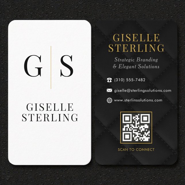 Tarjeta De Visita Quilted Luxury Black White Gold Monogram QR Code (Subido por el creador)