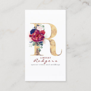 Tarjeta De Visita R Monograma Burgundy Gold y Floral Azul de la Mari