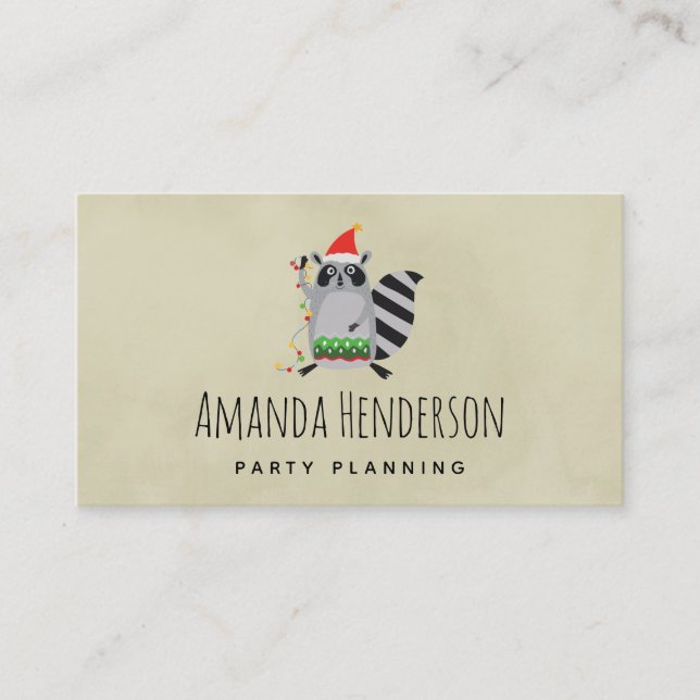 Tarjeta De Visita Raccoon En Santa Hat Atrapado En Luces De Vacacion (Anverso)