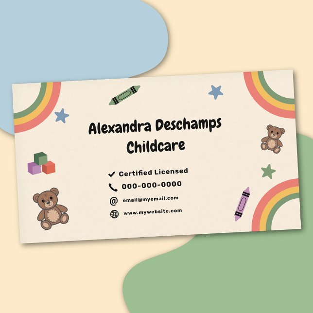 Tarjeta De Visita Rainbow, Crayon & Teddy Bear - Child Care (Rainbow, Crayon & Teddy Bear - Child Care Business Card)