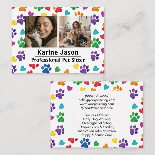 Tarjeta De Visita Rainbow Paw Prints  Hearts Customizable Pet Sitter (Anverso / Reverso)