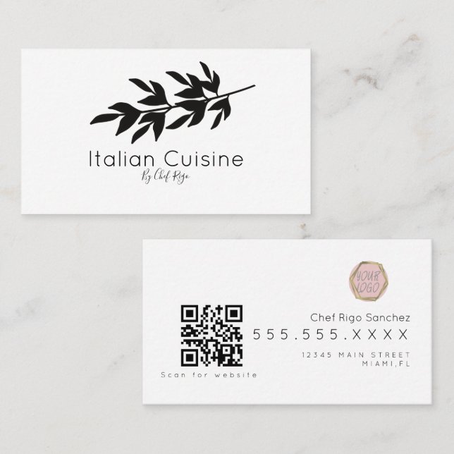 Tarjeta De Visita Rama de Oliva Negra Chef Botánico Italiano (Anverso / Reverso)