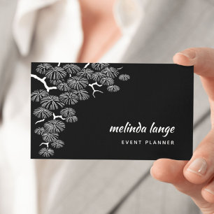 Tarjeta De Visita Rama de pino botánico elegante blanco y negro