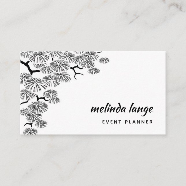 Tarjeta De Visita Rama de pino botánico elegante y blanco negro (Anverso)