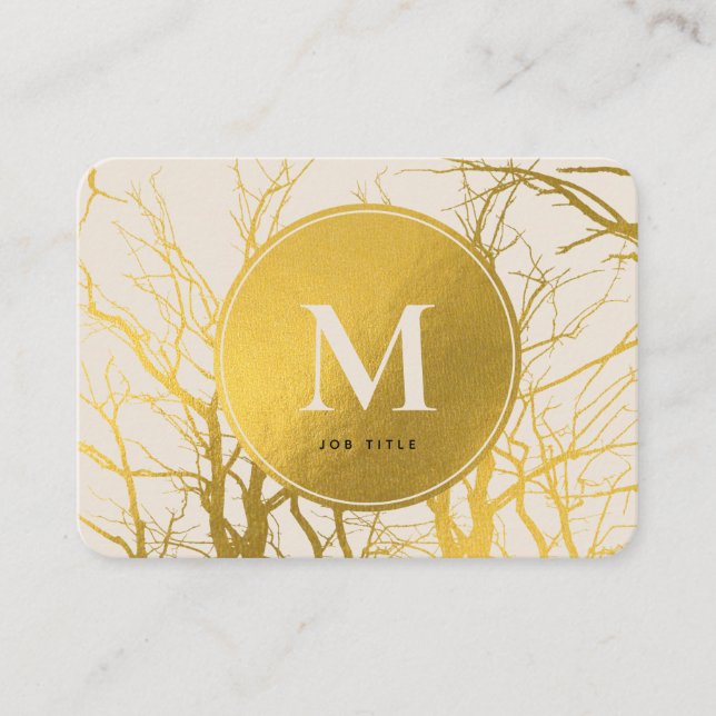 Tarjeta De Visita Ramas de árbol de oro Beige Monograma Profesional (Anverso)