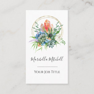 Tarjeta De Visita Ramo de flores suculentas boho cristales acuarela
