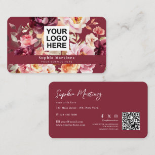 Tarjeta De Visita Ramo Floral Burgundy Acuarela & Logotipo Código QR