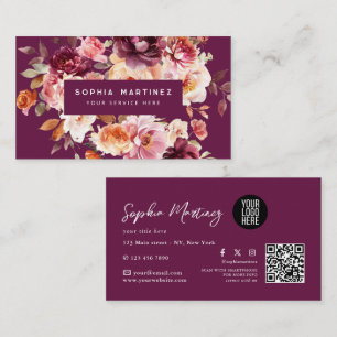 Tarjeta De Visita Ramo Floral Burgundy Acuarela y logotipo de código
