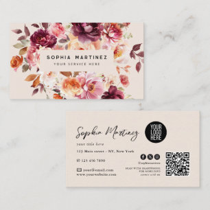 Tarjeta De Visita Ramo Floral Burgundy Acuarela y logotipo de código