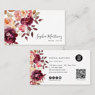 Tarjeta De Visita Ramo Floral Burgundy Acuarela y logotipo de código