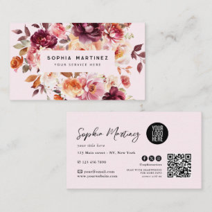 Tarjeta De Visita Ramo Floral Burgundy Acuarela y logotipo de código
