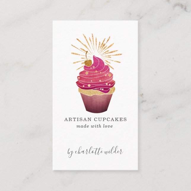Tarjeta De Visita Raspberry Gold Cupcake Baker Bakery Pastry Chef (Anverso)