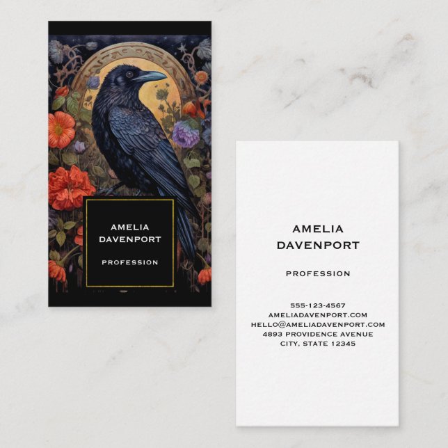 Tarjeta De Visita Raven negro con flores de diseño gótico (Anverso / Reverso)