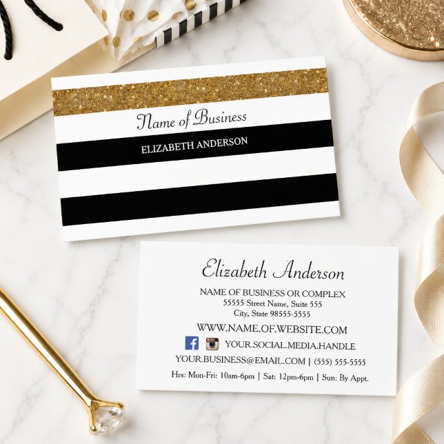 Tarjeta De Visita Raya de brillo dorado negro blanco (Black White Gold Glitter Stripe Business Card
)