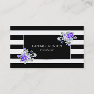 Tarjeta De Visita Raya negra y blanca con rosas plateadas y lavanda