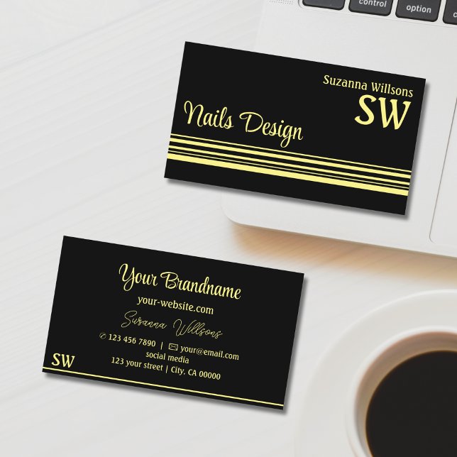 Tarjeta De Visita Rayas amarillas negras de moda con estilo monogram (Subido por el creador)