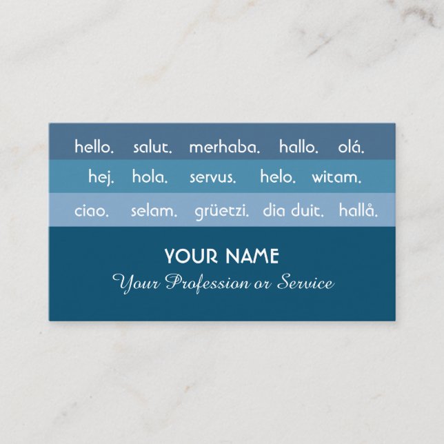 Tarjeta De Visita Rayas azules idiomas internacionales hola (Anverso)