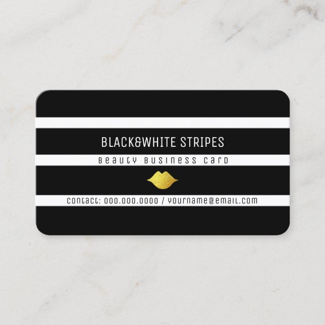 Tarjeta De Visita rayas blancas negras y labios belleza moderna (Anverso)