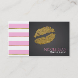 Tarjeta De Visita Rayas Blancas Rosa Brillo Dorado Falso Labios Chic