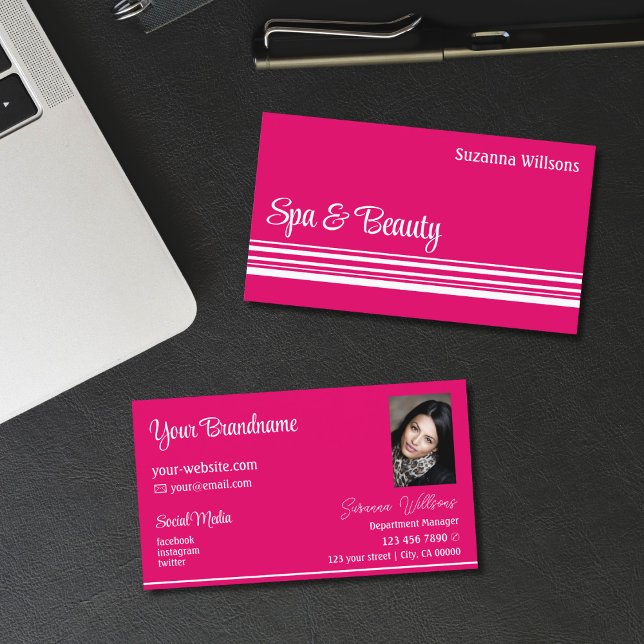 Tarjeta De Visita Rayas blancas rosas modernas con profesional fotog (Subido por el creador)