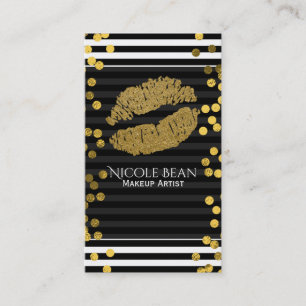 Tarjeta De Visita Rayas blancas y negras Faux Gold Lips Beauty