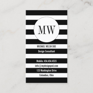 Tarjeta De Visita Rayas blancos y negros con iniciales del monograma