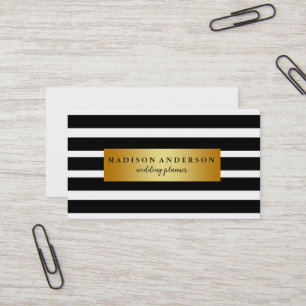 Tarjeta De Visita Rayas Chic Negro y Blanco en Dorado