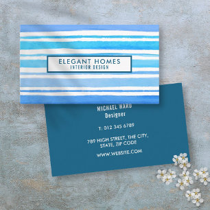 Tarjeta De Visita Rayas de Acuarela Azul Chic Modernas